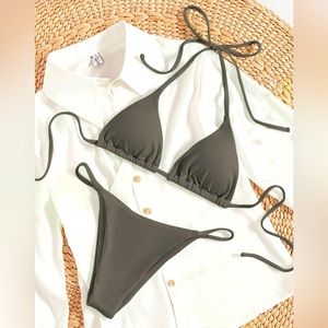 Brand new, chocolate brown/warm grey, ribbed bikini set is TWO sizes.